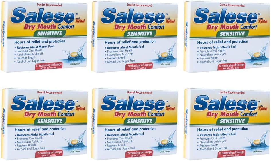 Alívio para Boca Seca Salese Sensitive, Com Xilitol e Liberação Lenta, Pastilhas para Saúde Bucal com Sabor Limão - 6 Pacotes de 12 Pastilhas