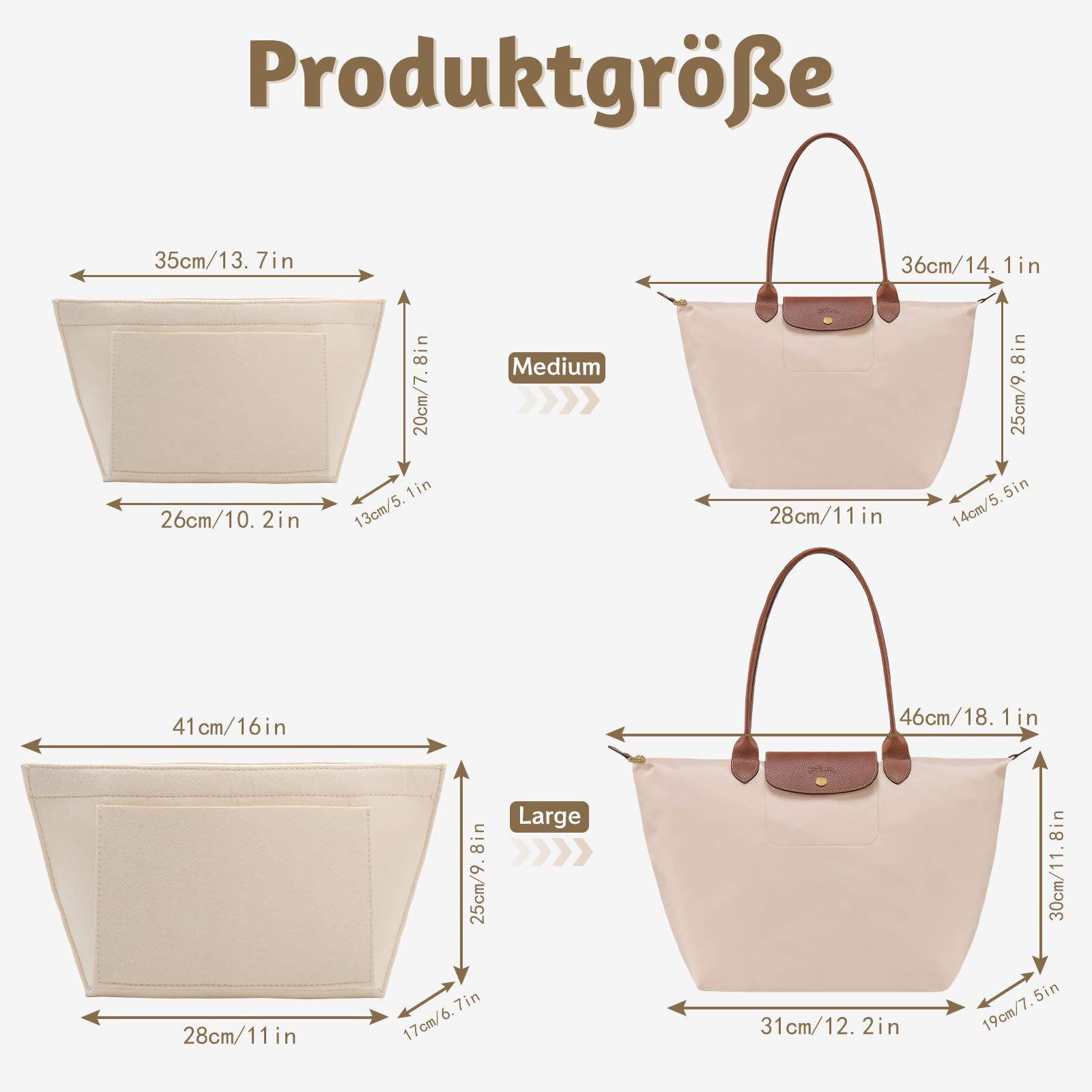 Organiseur de sac à main en feutre pour Longchamp L, pliable, Beige