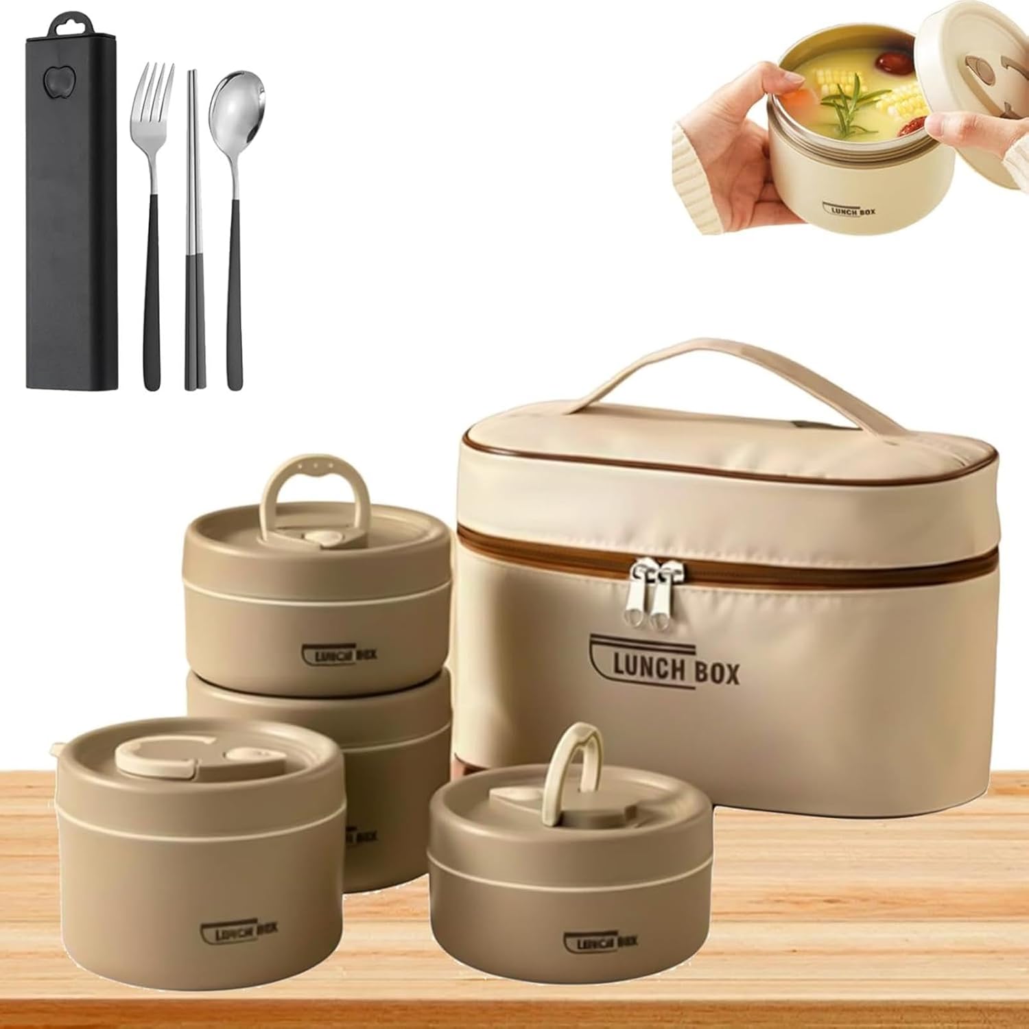 4 Tier Separate Stackable Stainless Steel Lunch Container with Insulated Lunchs Bag, Portable Insulated Lunch Container Set, Bento Box Hot Food Lunch Containers to Microwave (Brown, 4-Layers)