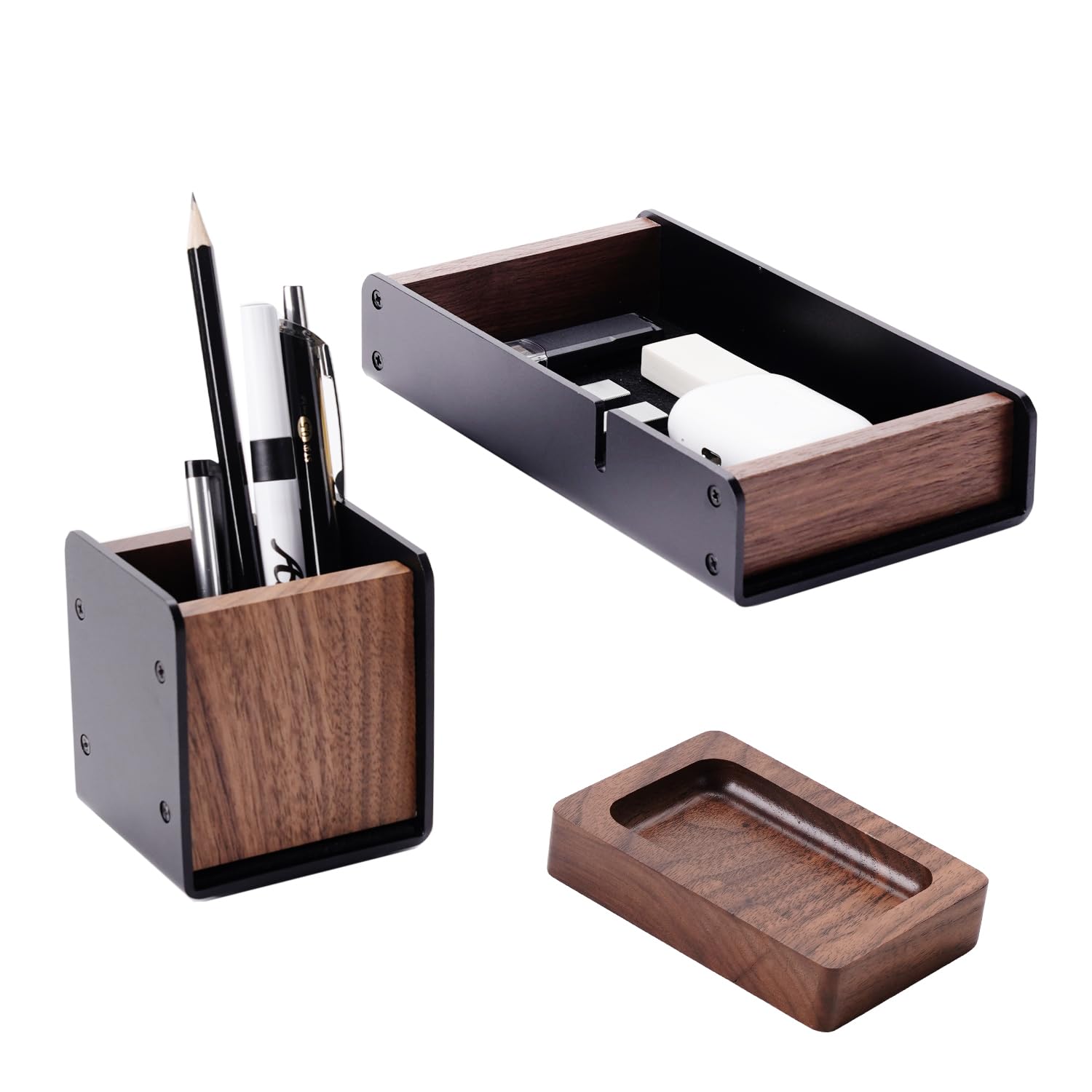 Walnut Desk Tray with Pen Holder Set Solid Wooden Desk Drawer Organizer for Keys Pen Watch Airpods Earbuds