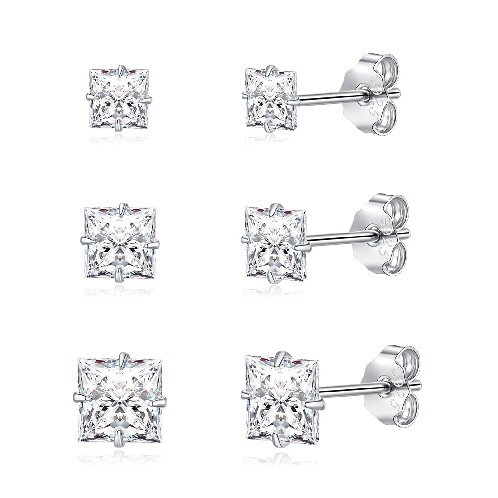 Cangall Ohrstecker Silber 925, 925 Sterling Silber Quadratische Zirkonia Ohrstecker, 4/5 / 6mm Hypoallergen Ohrringe Silber 925, Knorpel Schlafen Silber Ohrringe Stecker für Mehrere Ohrlöcher