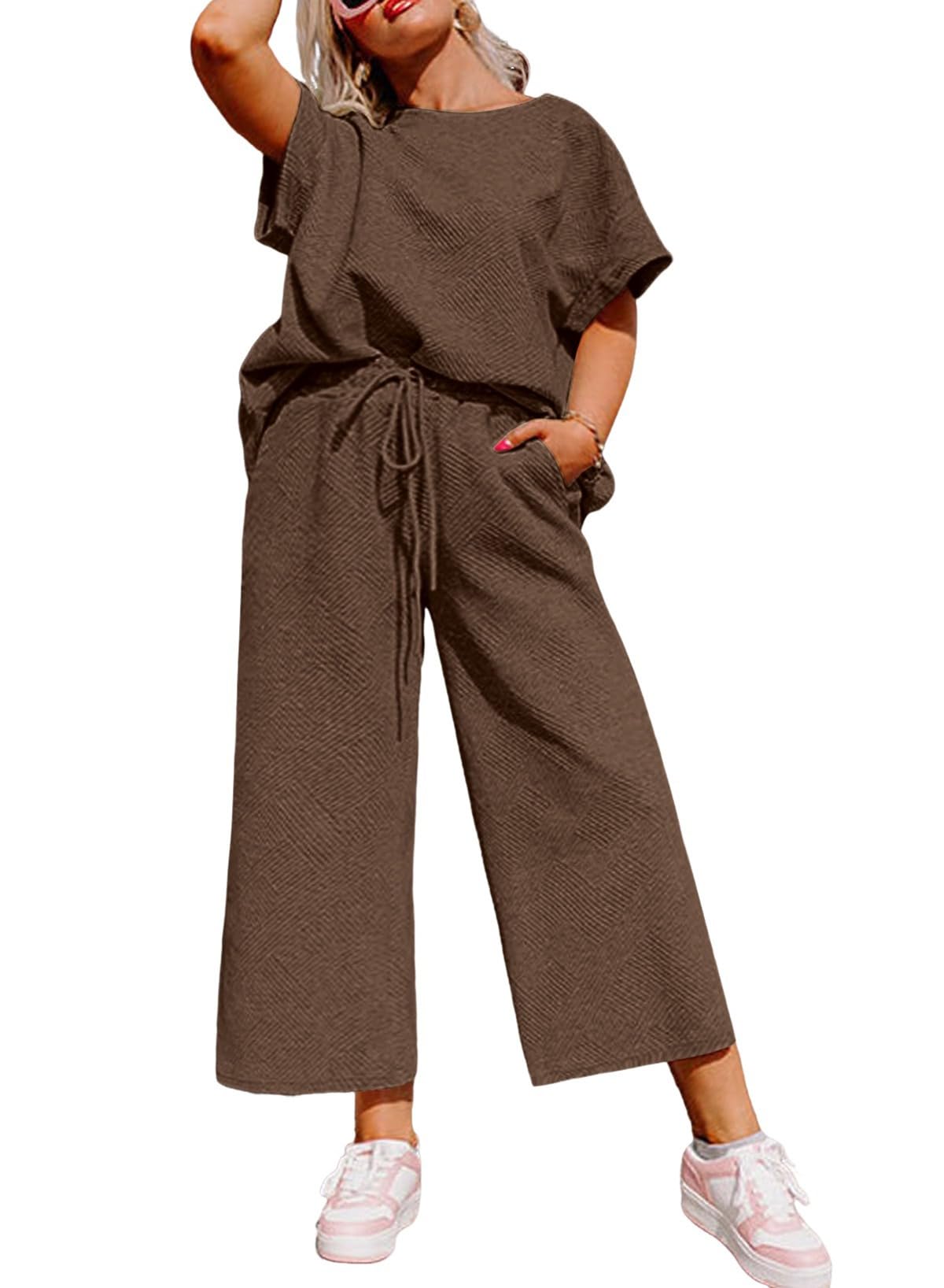 Eytino Womens Plus Size Sweatsuits Casual Short Sleeve Tops High Waist Wide Leg Pants 2 Piece Tracksuit Lounge Sets(1X-5X)