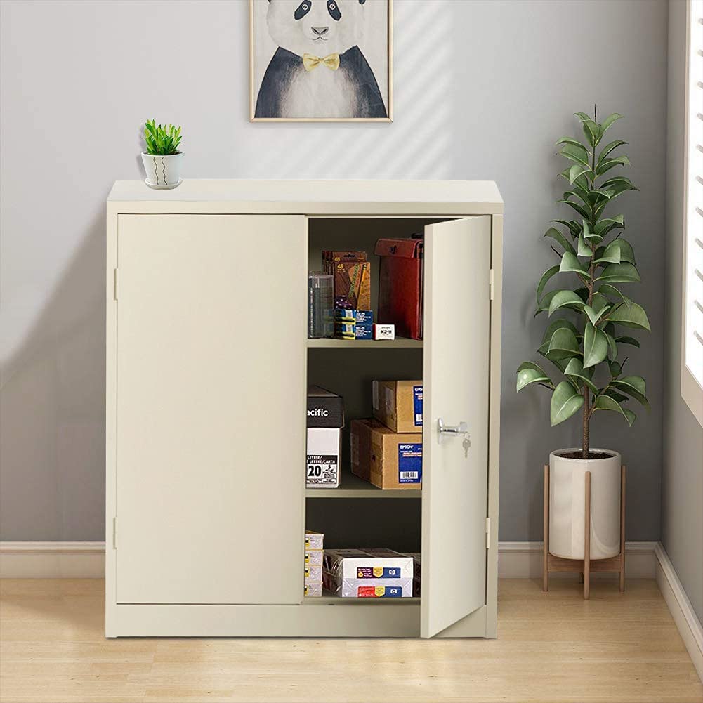 Steel Storage Lockable Metal Storage with 2 Adjustable Shelves Counter Height