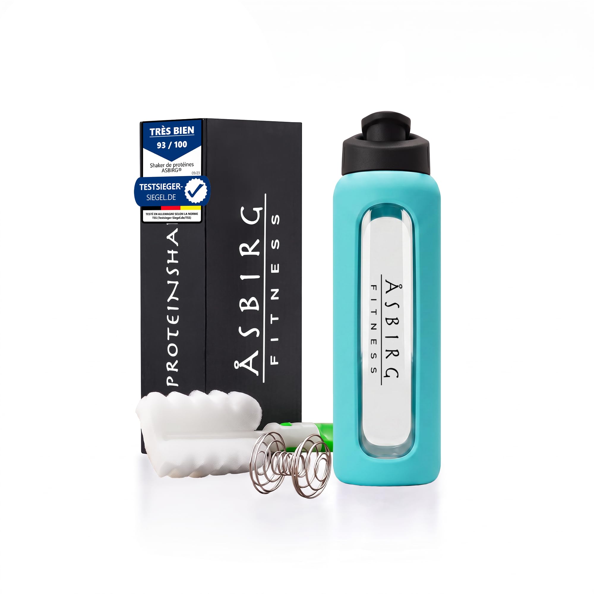 Lot de 3 Shakers Protéinés en Verre – 700ml avec Bille Mélangeuse Spiralée – Noir, Aqua et Beige – Sans BPA, Étanche, Idéal Fitness & Musculation