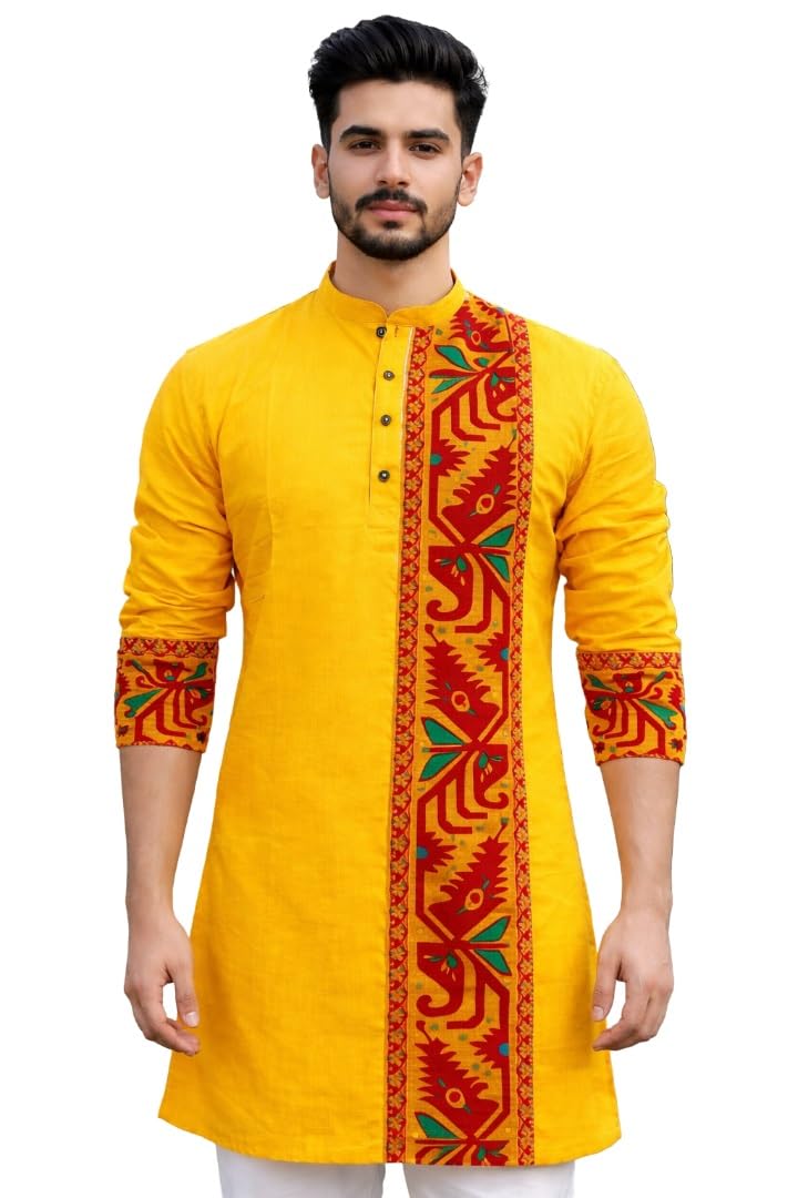 Men’s Cotton Jamdani Kurta for Festive, Casual Wear | Traditional Bengali Style Long Kurta | S to XL Size | White, Yellow, Blue Color Options-image-17
