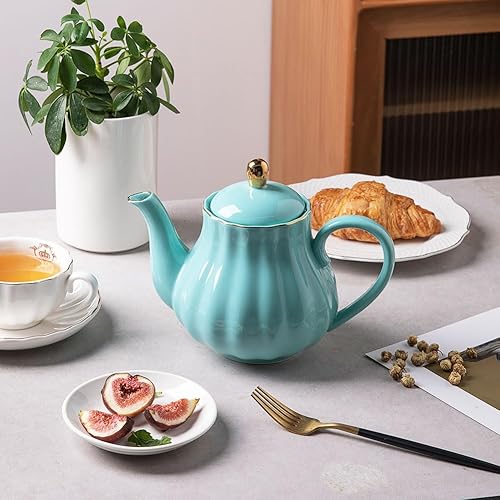 Miniatura 4 de Sweejar Royal Teapot, tetera de cerámica con infusor extraíble de acero inoxidable, tetera de hojas sueltas y florecientes, 40 onzas (turquesa)
