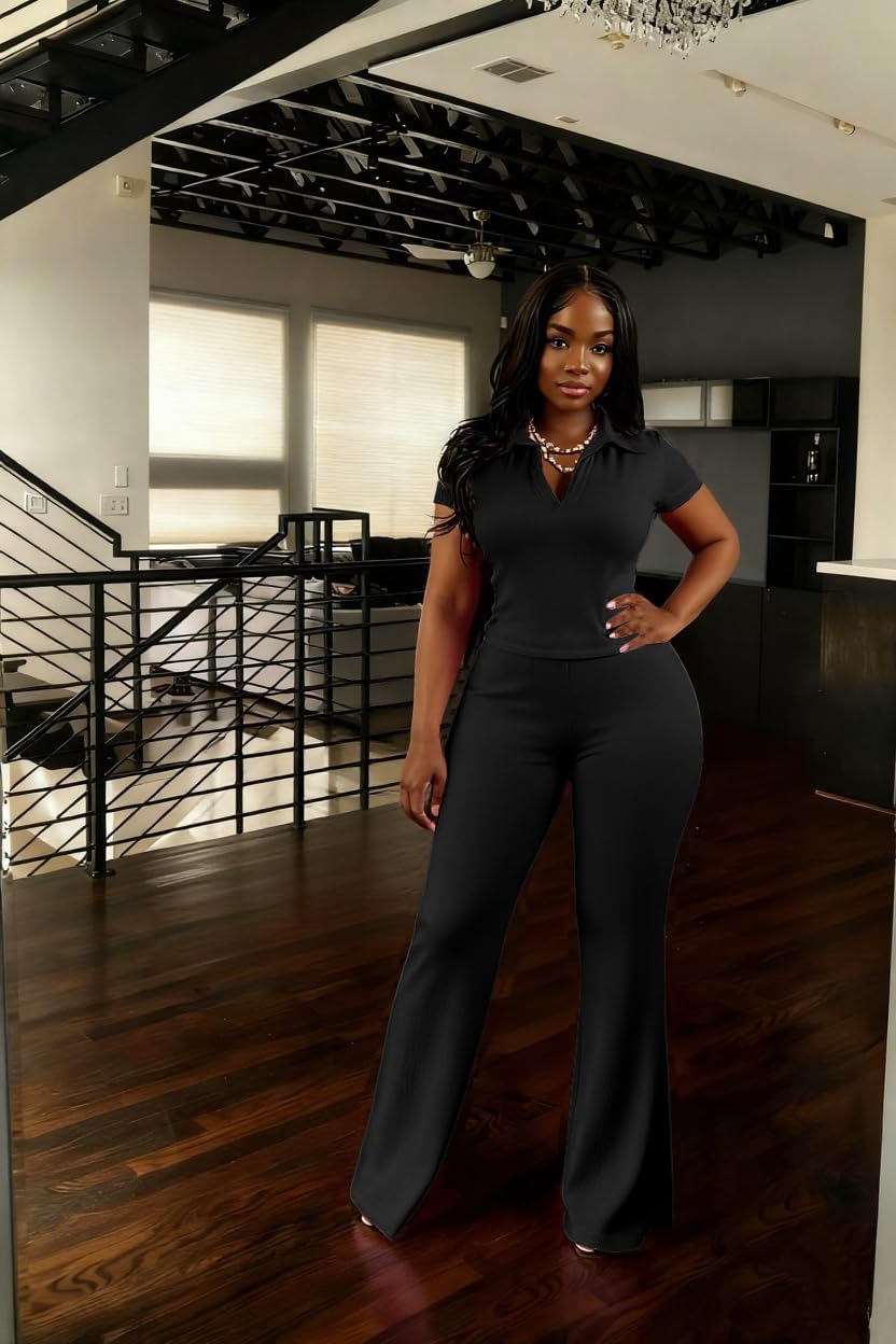 HBQ Women's 2 Piece Outfits Slim Fit V Neck Polo Top Flare Pants image 2
