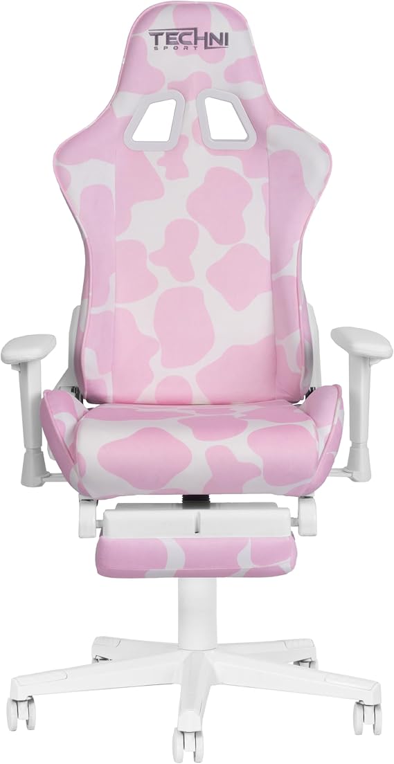 Pink Game Chair Techni Sport Cow Print Design: Retractable Footrest, Adjustable Armrests & Horns/Ears Pillow