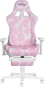 Pink Game Chair Techni Sport Cow Print Design: Retractable Footrest, Adjustable Armrests & Horns/Ears Pillow