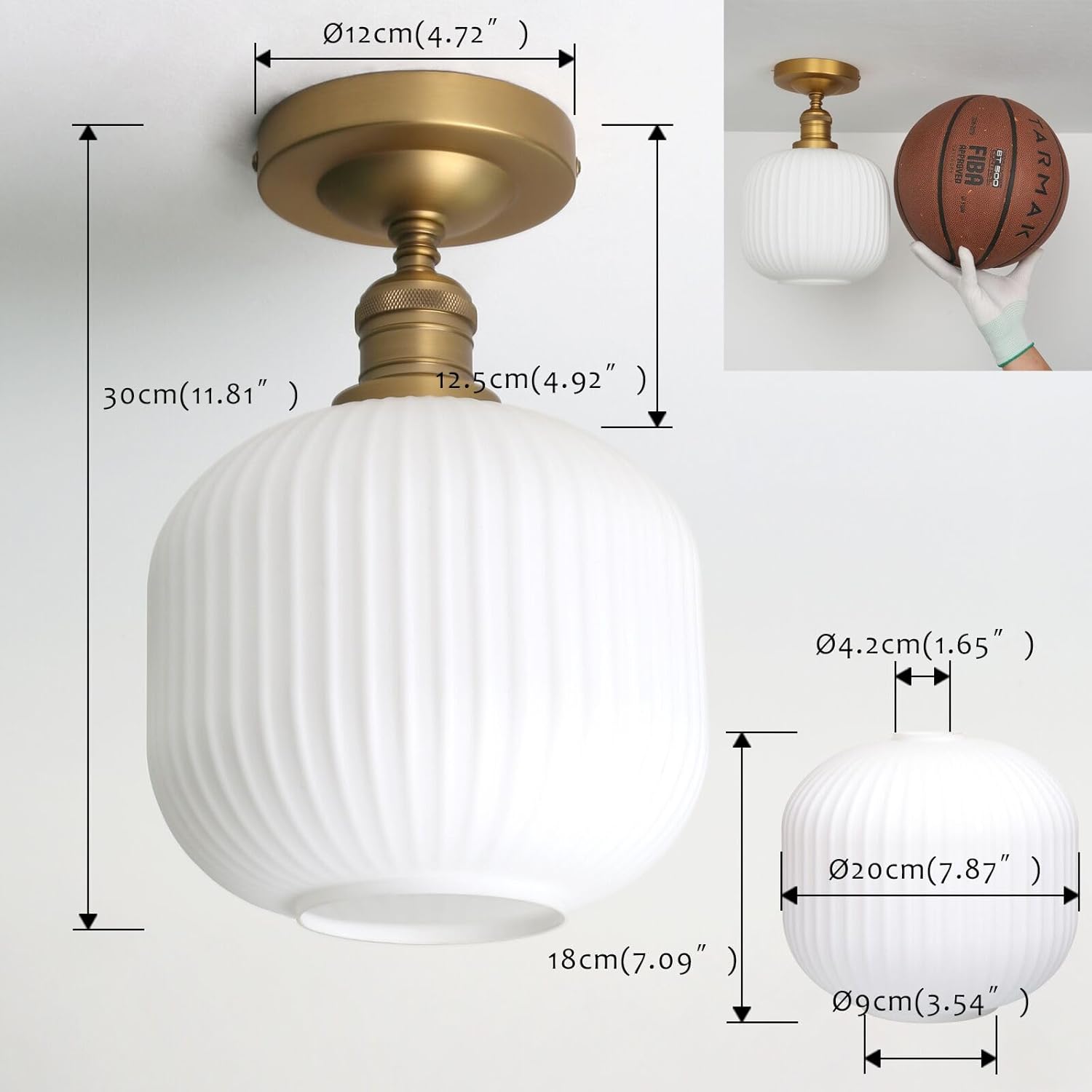 Pathson Vintage Flush Mounted Ceiling Light with Milk White Glass, Brushed Brass Modern Ceiling Lamp Fixture for Farmhouse Hallway Foyer Loft Living Room Bedroom