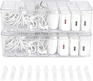 2 Packs Cable Management Plastic Storage Box with Lid, Stackable Charging Cord Protector Boxes Holder with 20pcs Wire Ties for Home Office Desktop Drawer Organizer Case