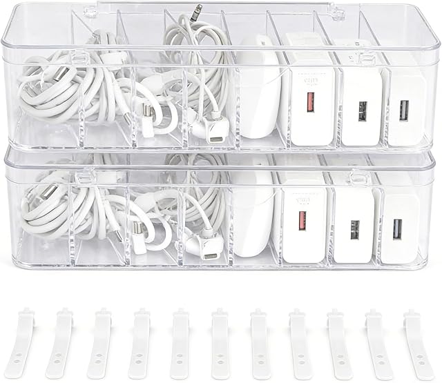 2 Packs Cable Management Plastic Storage Box with Lid, Stackable Charging Cord Protector Boxes Holder with 20pcs Wire Ties for Home Office Desktop Drawer Organizer Case