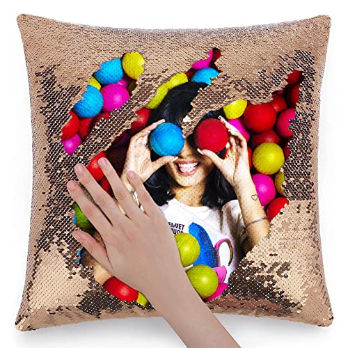 Naispanda Housse De Coussin Photo Personnalisée à Sequins, Taie d'oreiller Personnalisé avec Photo Champagne 16 X 16 Pouces (40 X 40 CM), Housse De Coussin...