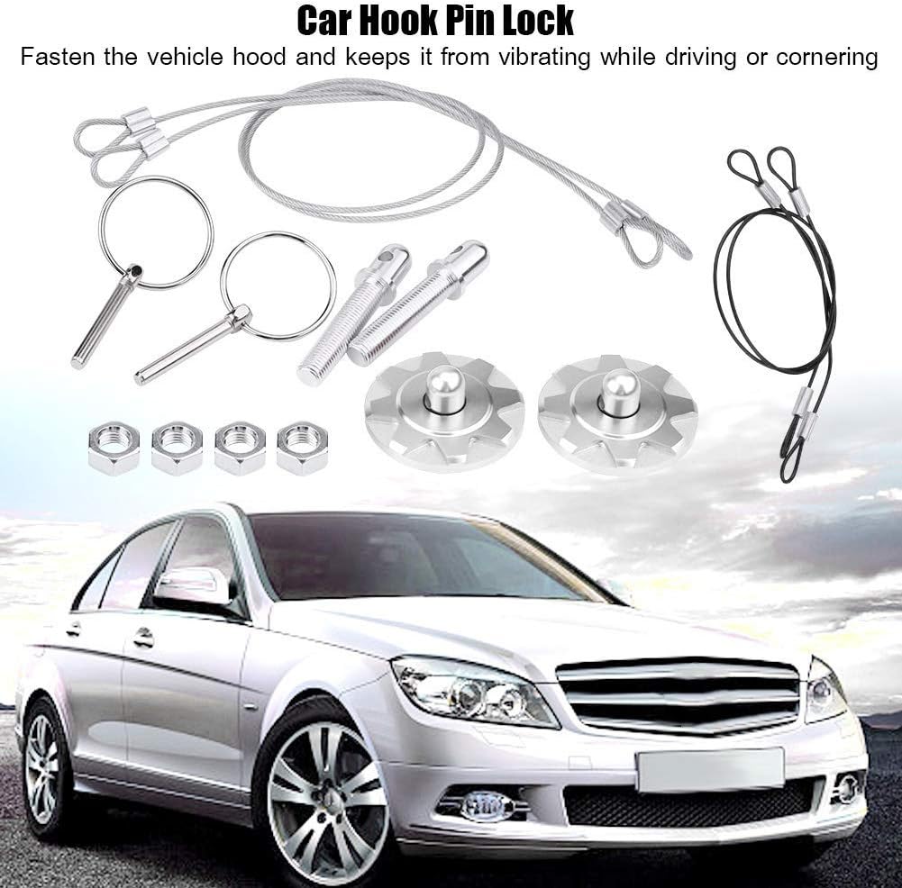 Acouto Hood Pins Kit CNC Aluminum Alloy Car Racing Hood Pin Lock Appearance Kit Universal Hood Pin Plate Kit(Silver)