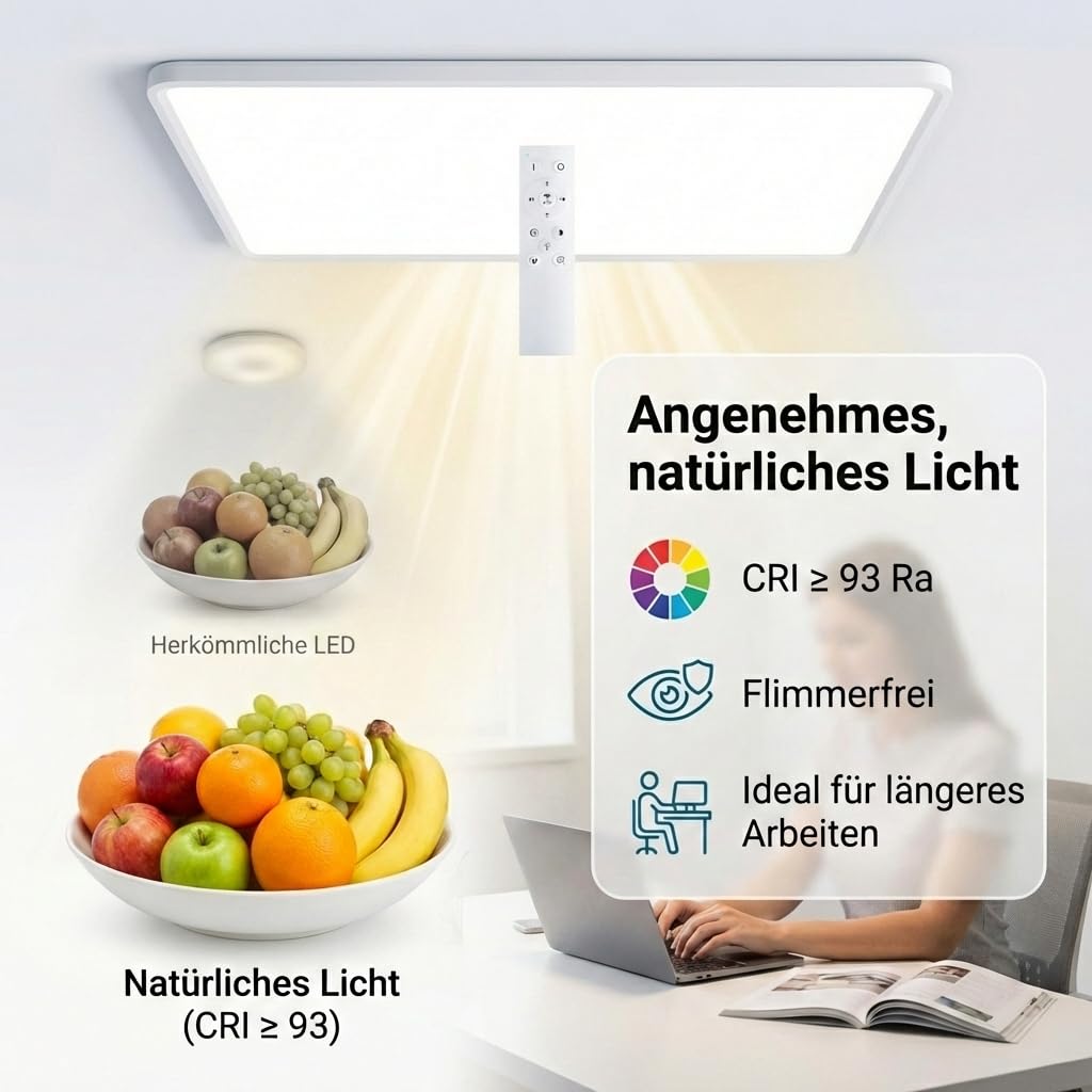 LED Panel Deckenleuchte weiß rechteckig flach 90x60cm CCT 3000-6500K variable Lichtfarbe, dimmbar, mit Fernbedienung, integriertes Netzteil, flimmerfrei IP20 L895xB585XH28mm