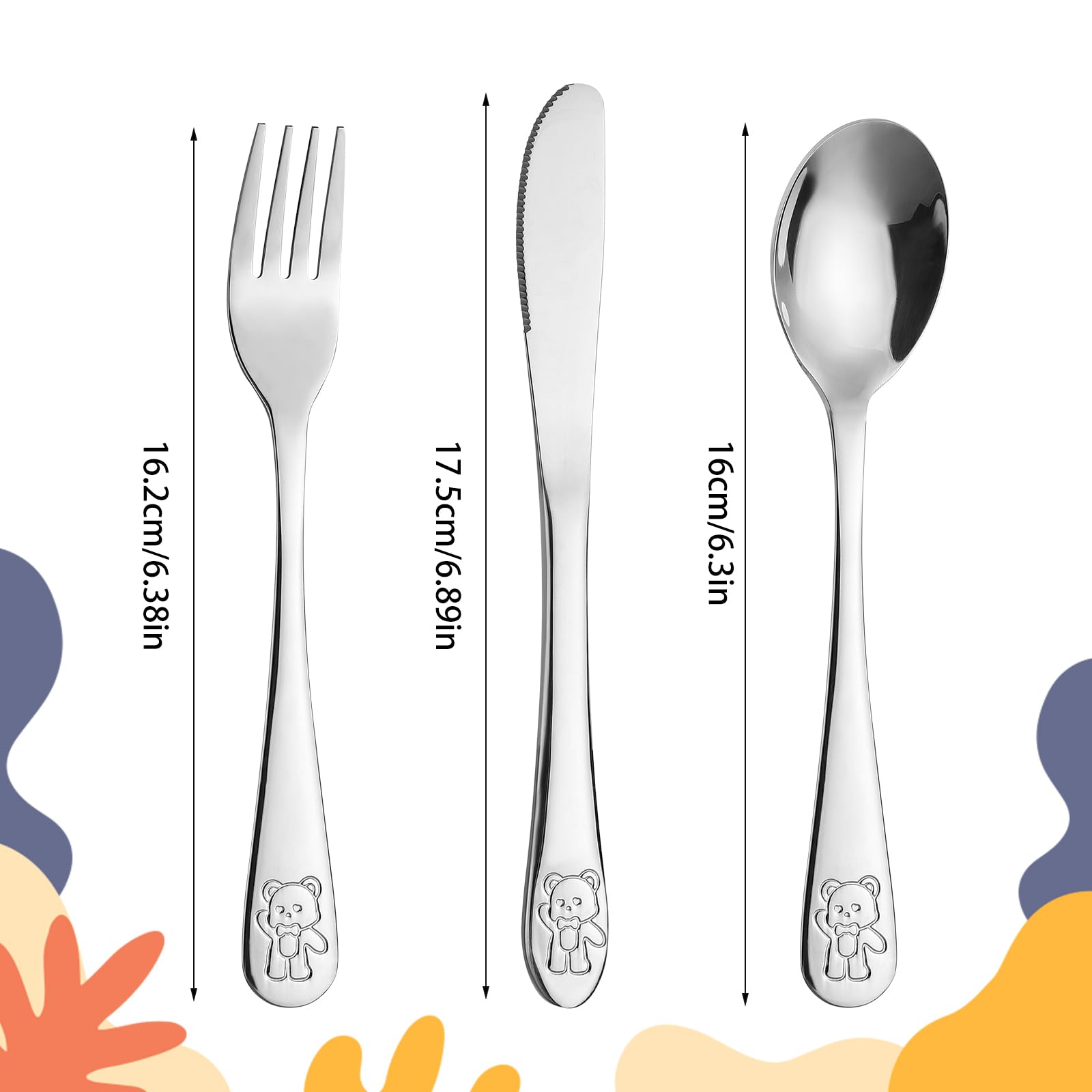 9 posate per bambini in acciaio inox, 3 forchette, 3 cucchiai, 3 coltelli, lavabili in lavastoviglie, set di posate per bambini, con incisione, regalo per battesimo per ragazze e ragazzi (argento)