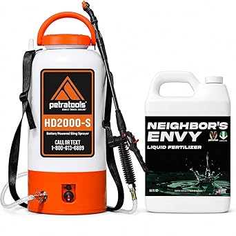 PetraMax Neighbors Envy Grass Fertilizer for Lawn & Garden, 1 Gallon + Battery Powered Sprayer HD2000-S Bundle Covers up to 16,000 sq.ft. 7-in-1 Liquid Lawn Concentrate for Green Turf