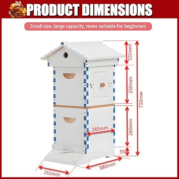 Beehive Starter Kit, Self-Flow Hive with Observation Window & Honey Spout, Complete Wooden Bee Box with 4 Frames & 6 Honeycomb Trays, for Garden Pollinators