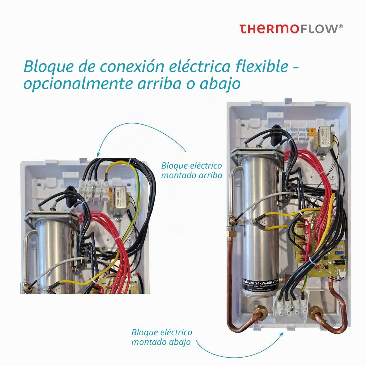 Thermoflow Elex 24 – Calentador de agua instantáneo resistente a la presión / 24 kW / 400 V/calentador de agua hasta 55 °C/conexión G 1/2» / 13 L/min/ideal para lavabo, baño o cocina / ELEX24.