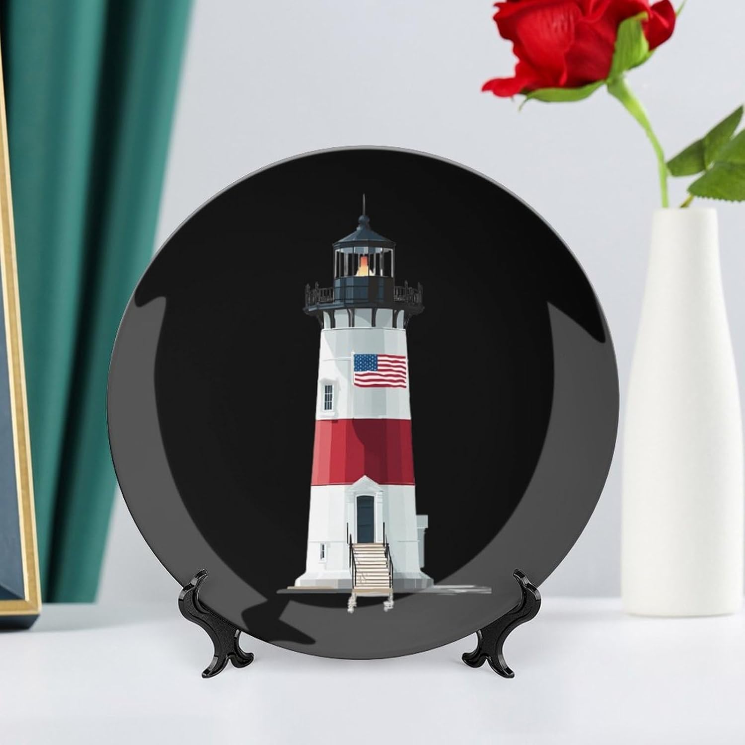 Nantucket Brant Point Lighthouse Novelty Decorative Plate with Display Stand Ceramic Ornament Hanging Wall Decor