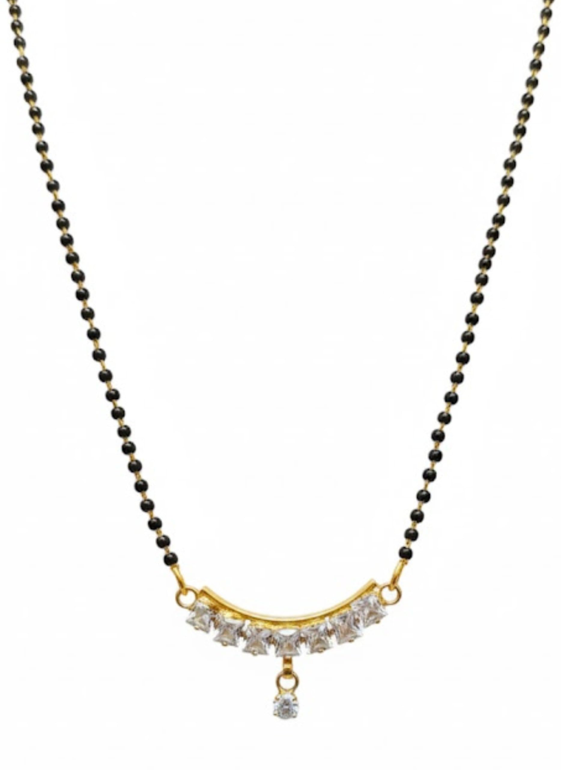 Women's Stylish Mangalsutra Necklace with American Diamond Curved Pendant & Black Bead Chain, Traditional Daily Fashion Jewelry Mangalsutra for Wedding, Office & Party Use-image-11