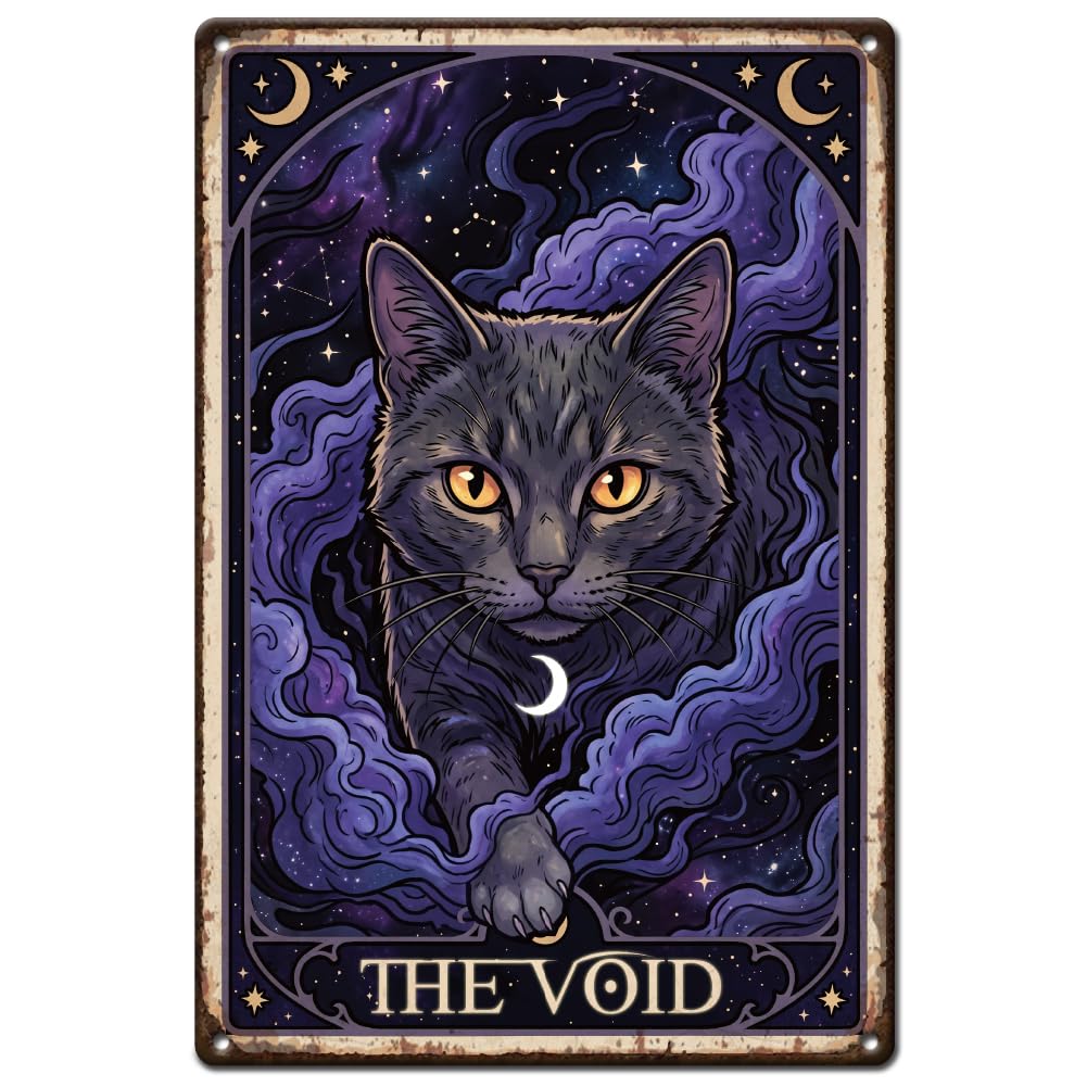 SUPERDANT Metal Tin Signs Tarot Card The Void Black Cat Metal Poster Whimsical Wall Art Plaques Tin Painting Man Cave Kitchens Garage Bar Home Decorative Gifts Wall Decor 20x30cm