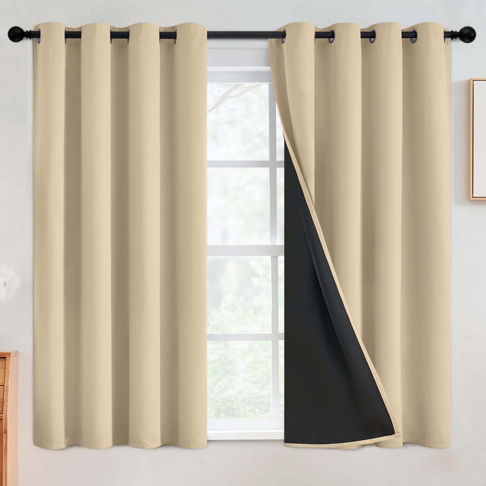 SimpleHome 100% Blackout Curtains for Bedroom,Thermal Insulated Beige Grommet Window Drapes Room Darkening Curtains for Living Room with Black Back,52