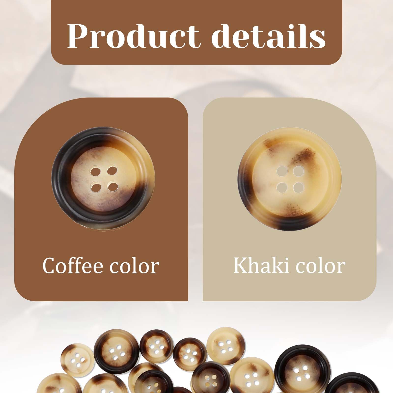 40 Bottoni Misti In Resina 4 Fori Per Cucito Fai Da Te - 2 Colori (Caffè, Kaki) E 4 Misure (15-25 Mm) Per Giacche, Cappotti, Abiti - 3
