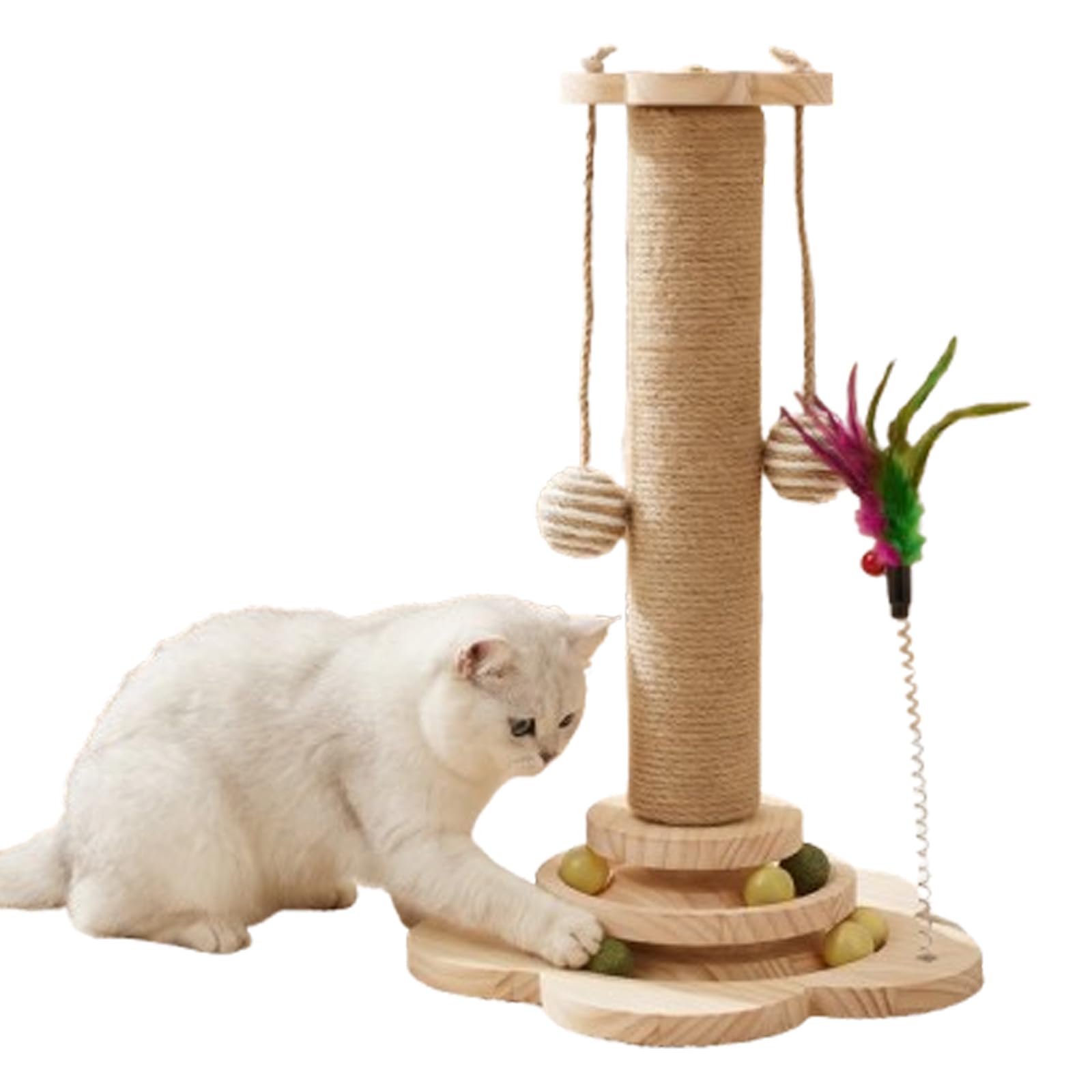 Cat Scratching Post, Multifunctional Scratching Post for Indoor Cats, Cat Scratch Post with Hanging Ball, Scratcher Post, Cats Scratch Pole, 28CM Sturdy Non-Slip Base, Interactive Track, Easy Assembly