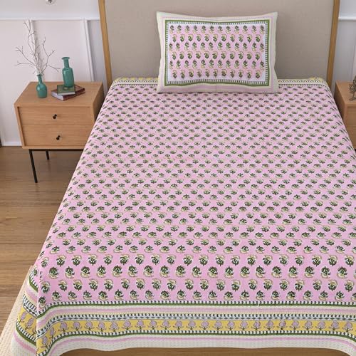 Image of 100% Cotton Single Bedsheet with 1 Pillow Cover | 240 TC Pure Cotton Flat Bed Sheet | Traditional Jaipuri Printed Bedding Set | Soft & Breathable | 60 x 90 Inch (Rangmahal Single 20)