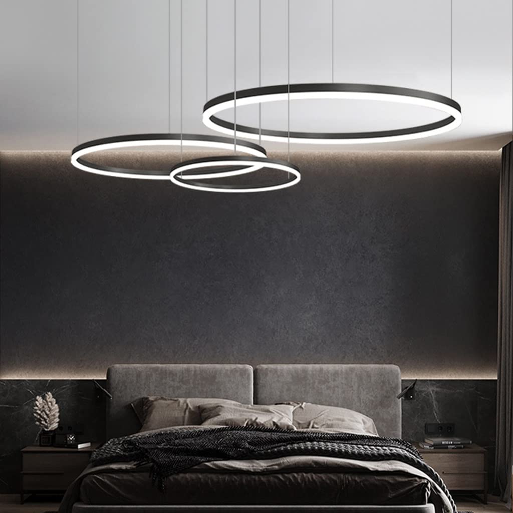 KXEcoLife Modern LED Dimmable Pendant Light with Remote Control for Living Room Bedroom Salon and Dining Adjustable Height Ring Chandelier in Black