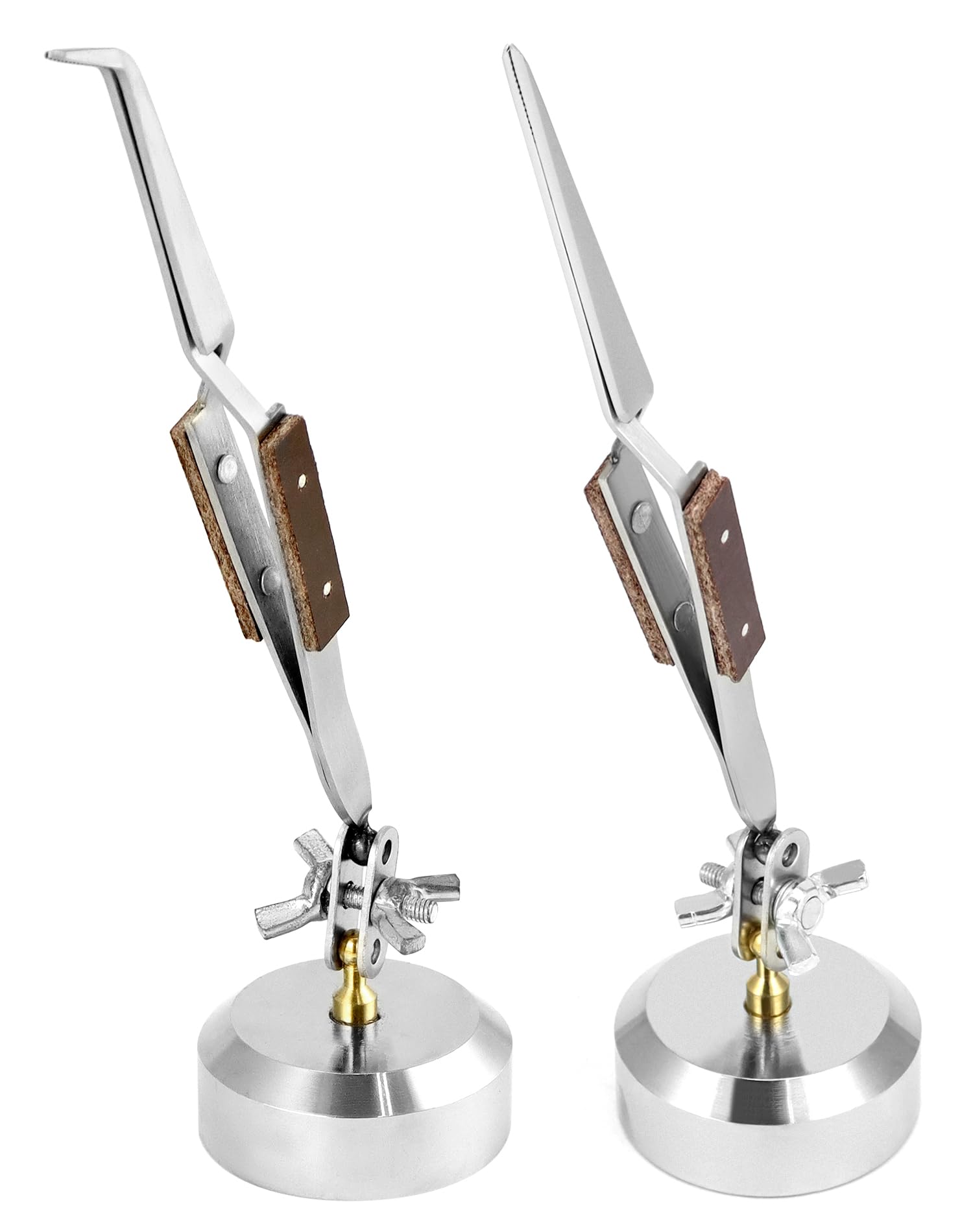 QWORK Third Hand Tweezers, 2 Pack (Straight + Curved) Cross Locking Jewelry Welding/Soldering Tweezers with Base 360°Rotation, Jewelry Making Repair