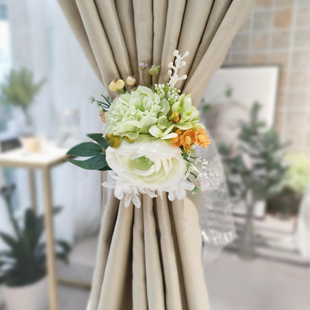 qbodp 2 Pièces Embrasses À Rideaux, Embrasses De Fleurs Artificielles pour Rideaux, Embrasses De Rideaux Décoratives pour Salle De Mariage pour Fille, Vert