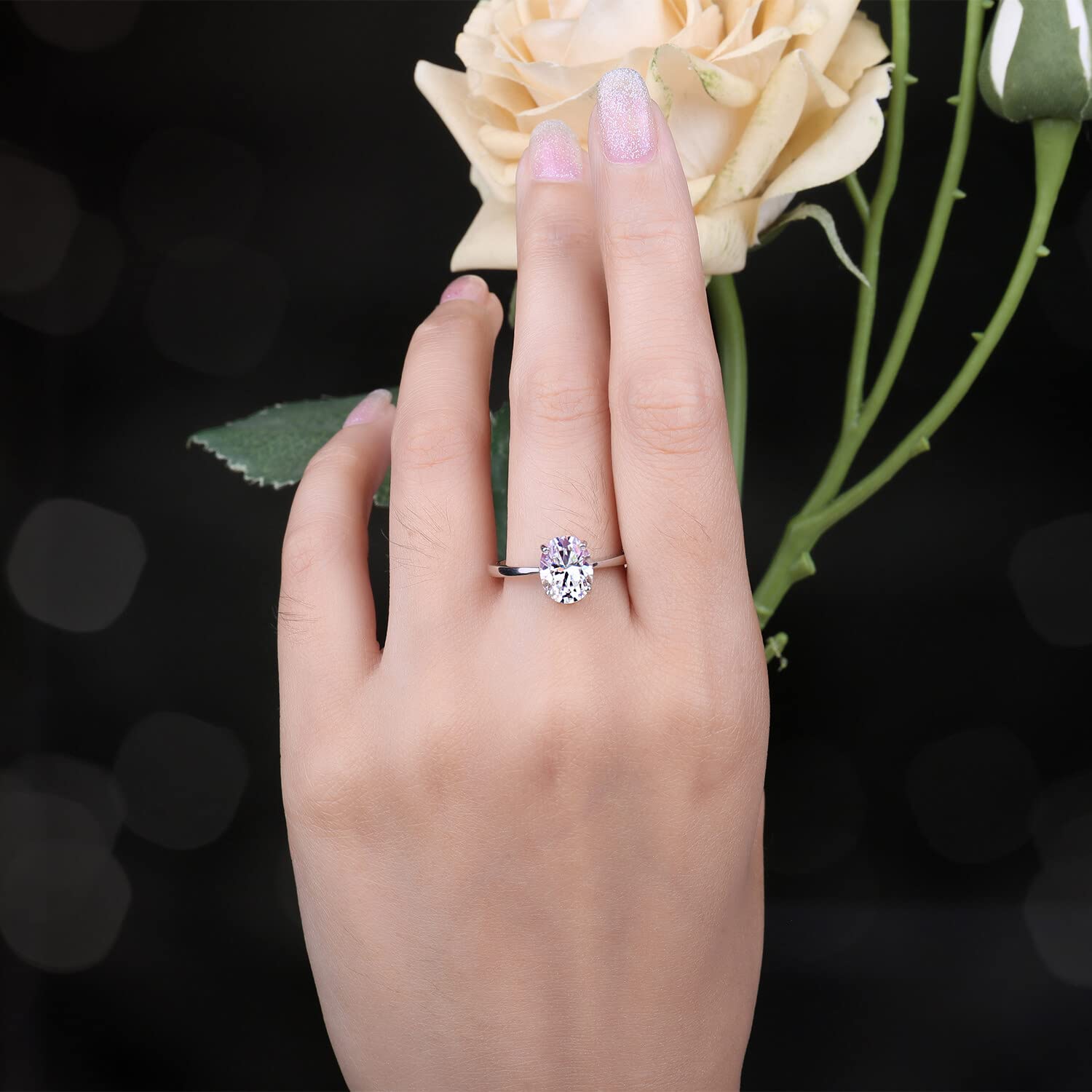 JewelryPalace 1-2ct Classique Cubic Zirconia Moissanite Bague Ovale Solitaire Pierre Argent 925 Femme, Plaqué Or Jaune Or Rose Bague Diamant Simulé Fiançailles Mariage, Ensemble Parure Bijoux Mariee
