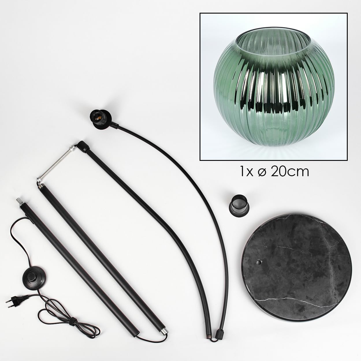 HOFSTEIN Stehleuchte Koyoto, Stehlampe aus Metall/Riffelglas in Schwarz/Grün mit Marmorfuß, verstellbare Leuchte im Retro-Design (Schirm Ø 20 cm), Fußschalter, E27, Wohnzimmer, Schlafzimmer, Flur