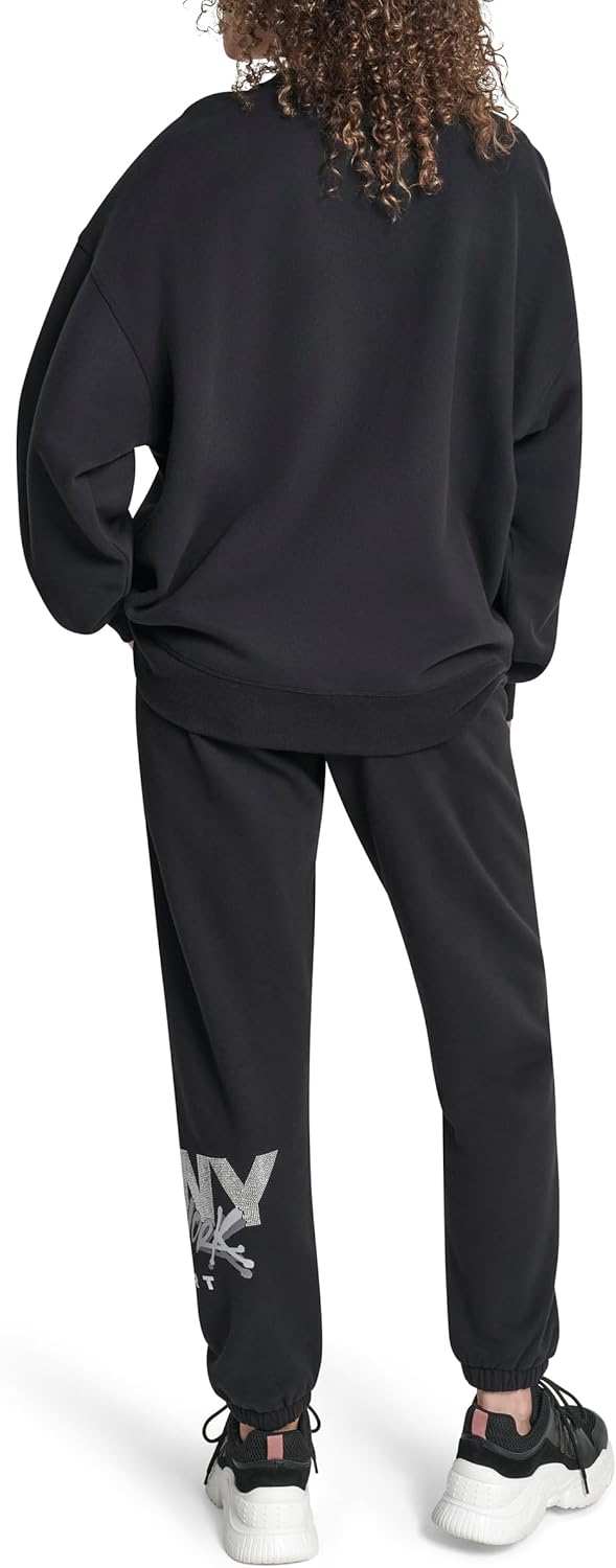 DKNY womens Blouson Sleeve Drop Shoulder Rhinestone Logo Graffiti Pullover Sweatshirt - Image 4
