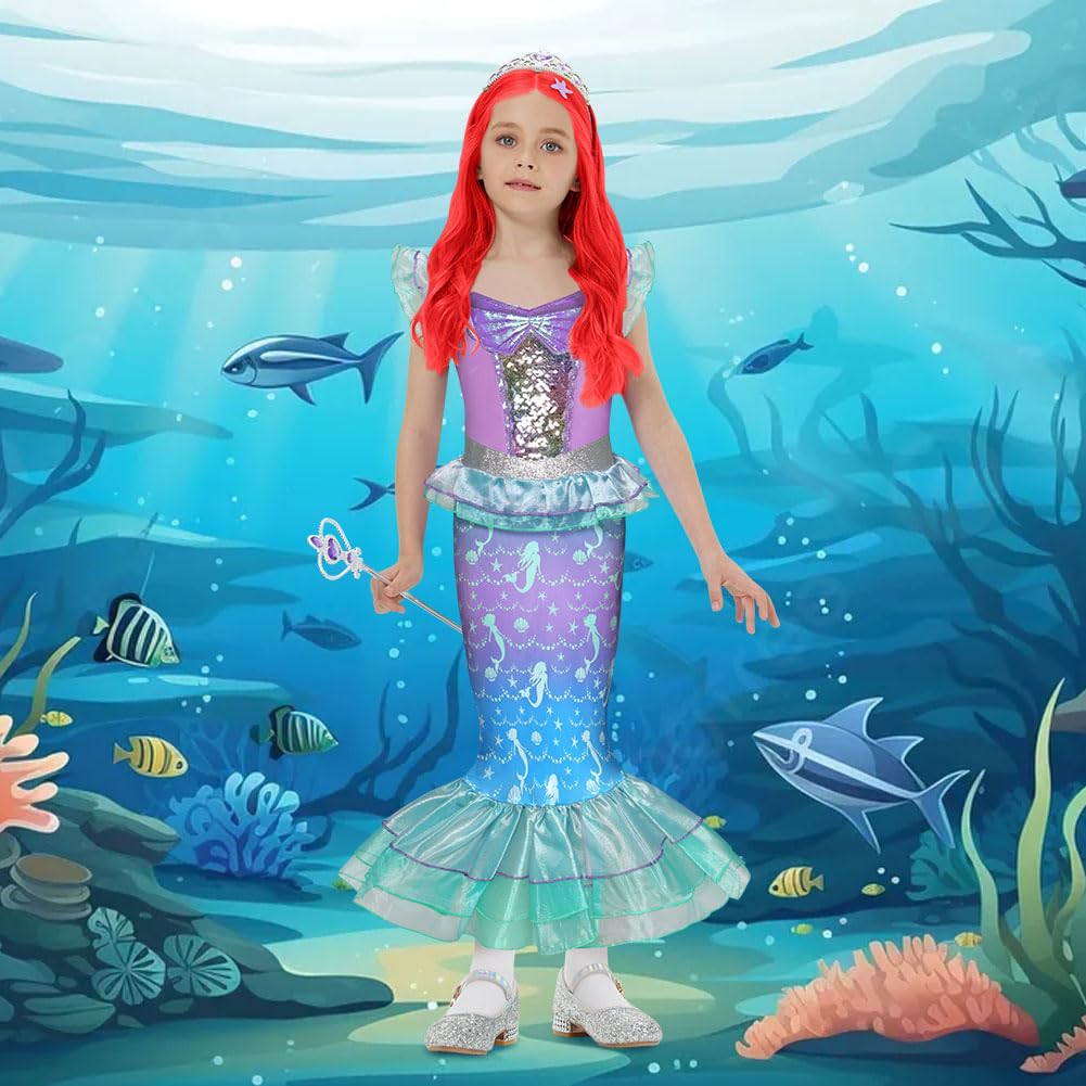 AYBUY Vestito Principessa Sirena, Vestito Sirena Ragazza con Parrucca, Costume da Sirenetta Vestito con 3 pezzi Accessori per Halloween, Natale, Cosplay, Compleanno
