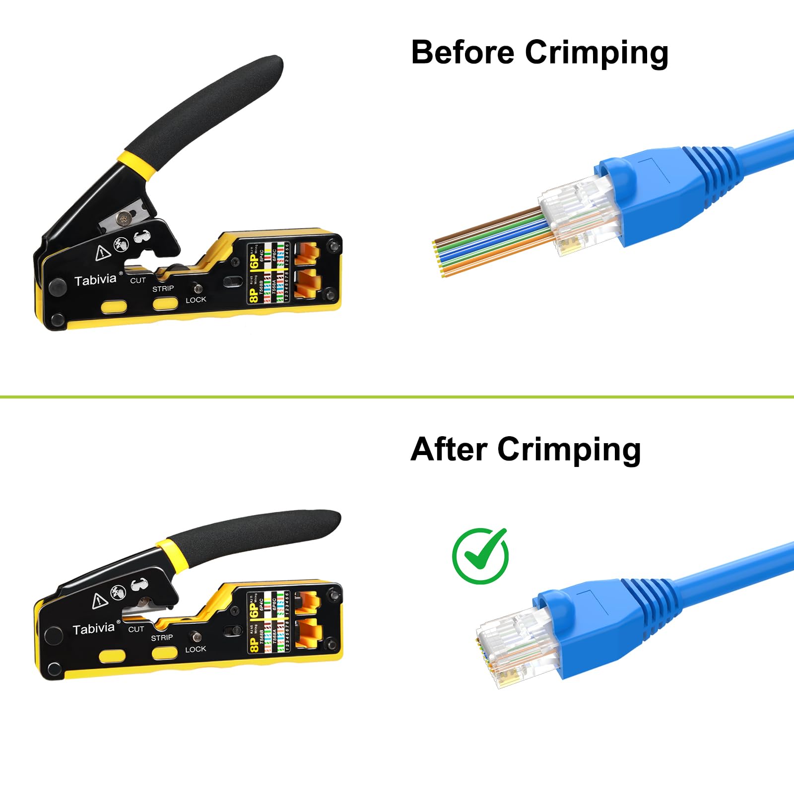 Kit de herramientas de crimpado RJ45 todo en uno, kit de herramientas de crimpado Ethernet, herramienta de crimpado de paso RJ45 para Cat6 Cat5e Cat6a con probador de cables de red, 50