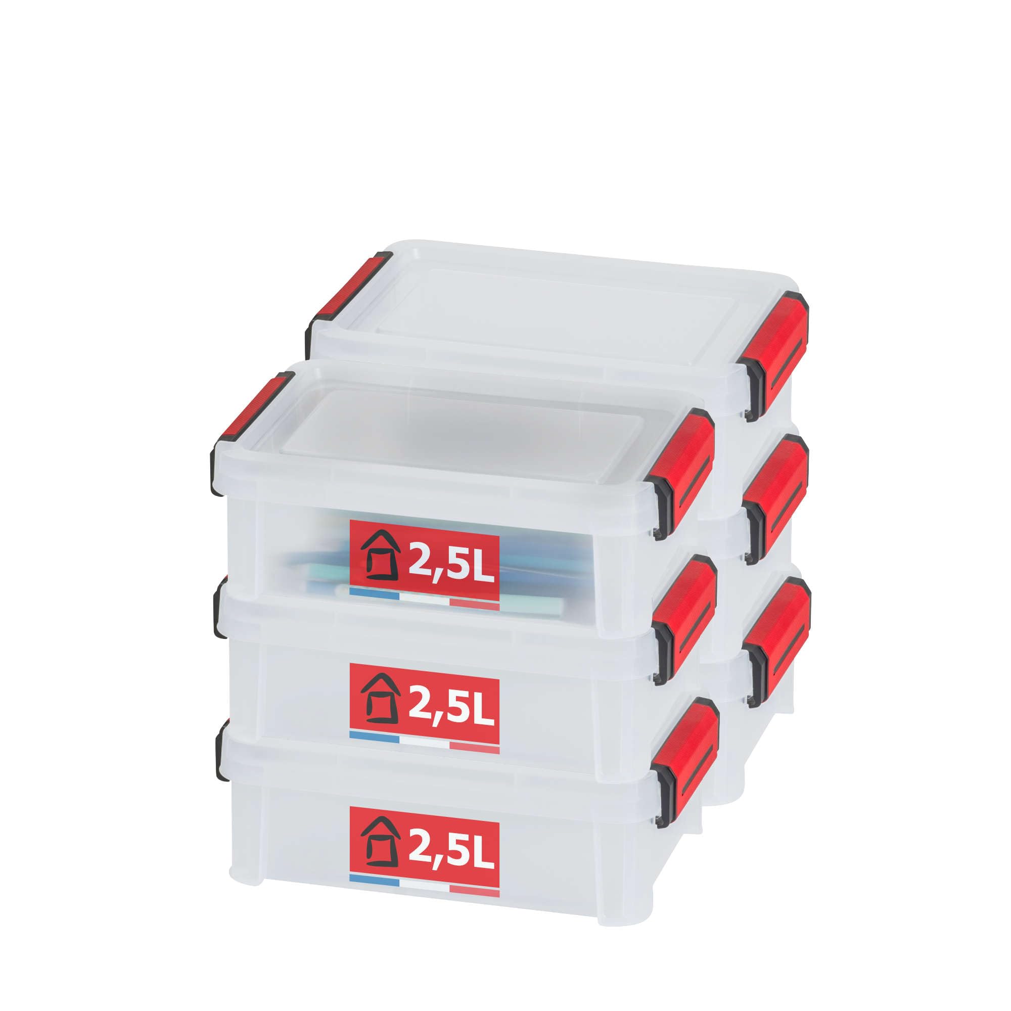 Sundis Clip'N Store, 6 cajas almacenaje con tapa, 2,5L, reforzados | Aptas para alimentos, paredes rectas, plastico transparente, apilables y combinables