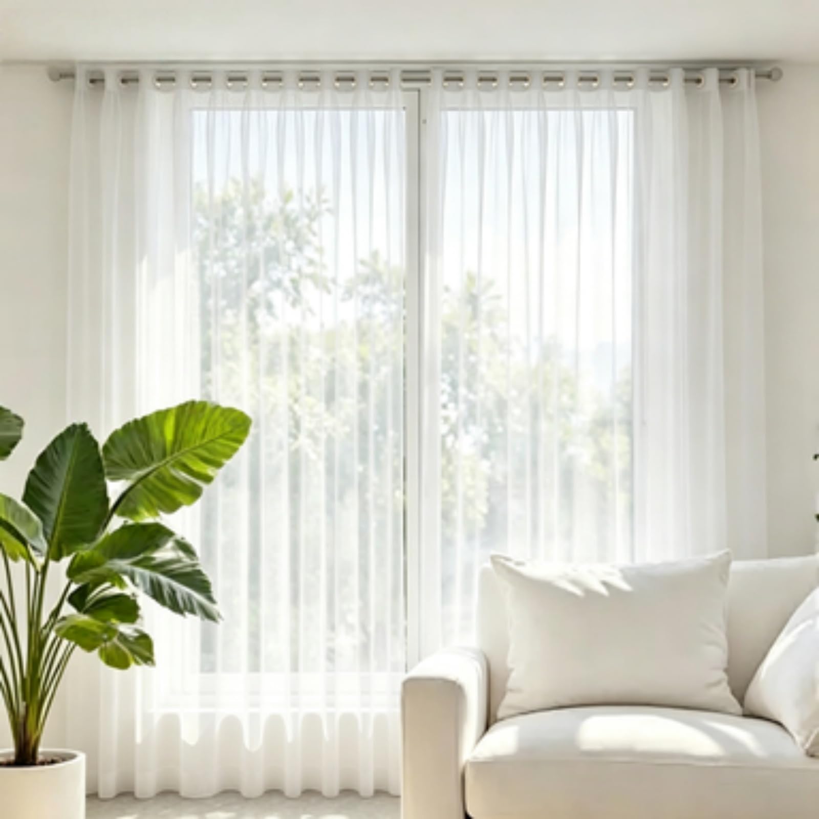 FEIJDON Semi Sheer Curtains 145 x 195 cm Elegant Sheer Tulle, Airy Soft Voile Drapes Curtains – Energy-Saving Privacy Panels with UV Light for Kitchen, Patio, Hotel, White