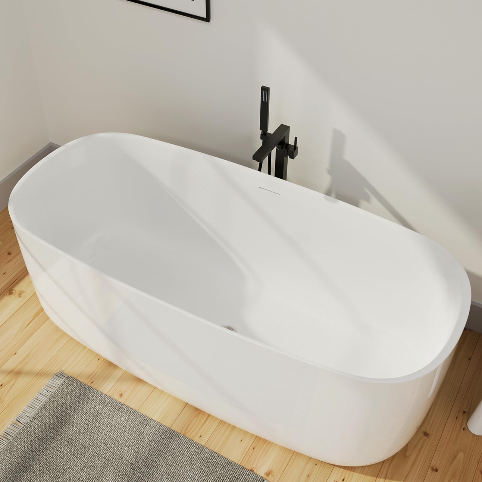 59" Lucite Acrylic Freestanding Bathtub, Rectangular Shape Contemporary Soaking Tub with Toe-tap Chrome Center Drain, Slotted Overflow, cUPC Certified, Glossy White