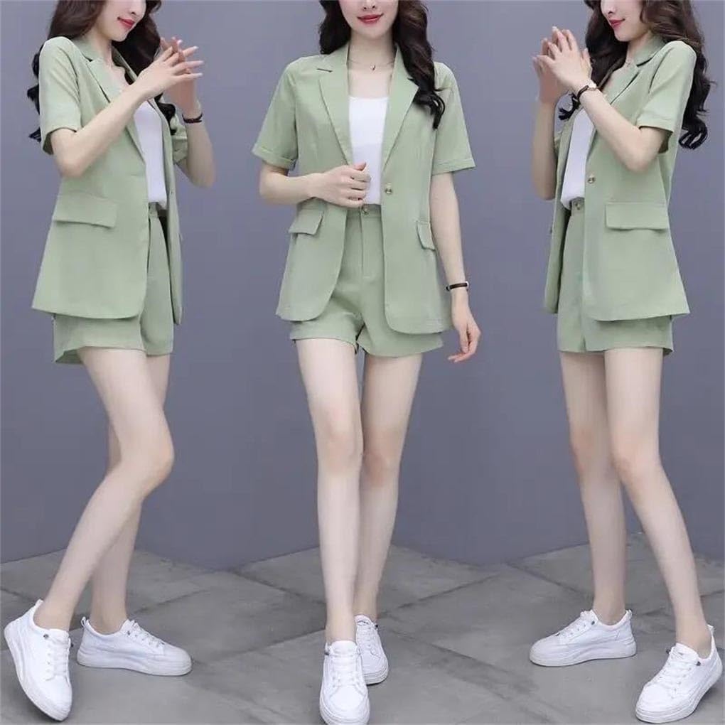 Women Thin Fabric Short Sleeve Suit Set, Blazer Crop Top Slim Shorts Office Casual Three-Piece Outfits