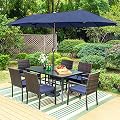 Sophia & William 8 Pieces Patio Dining Furniture with 13 Ft Navy Double-Sided Twin Umbrella, Outdoor Rattan Chairs & Metal Table Set with Cushions and Umbrella Hole for Backyard Porch Poolside
