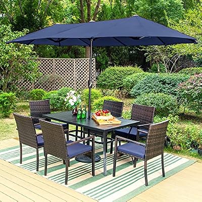 Sophia & William 8 Pieces Patio Dining Furniture with 13 Ft Navy Double-Sided Twin Umbrella, Outdoor Rattan Chairs & Metal Table Set with Cushions and Umbrella Hole for Backyard Porch Poolside