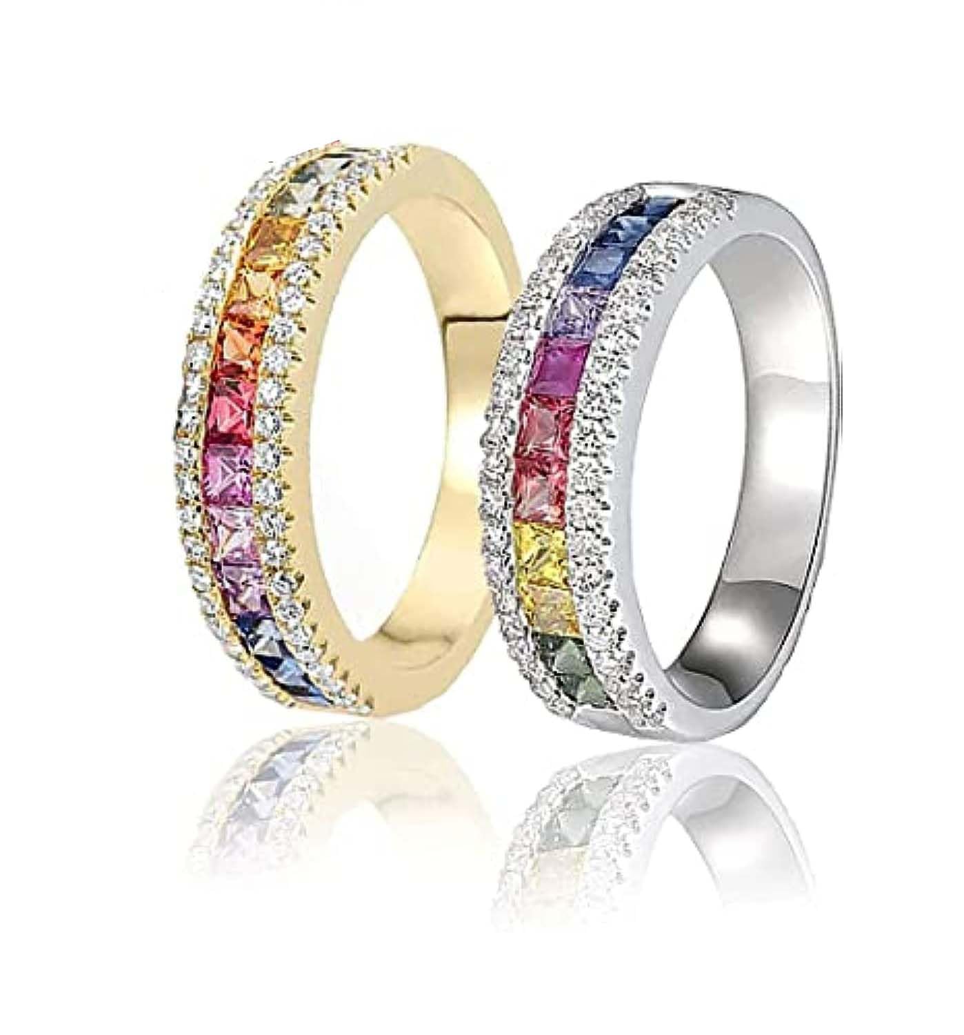 Rainbow-Tourmaline Spinni-Ring,Eternal Rainbow Ring, Crystal-Quartz Ring，Rainbow Gradually Ring (Gold+Silver)