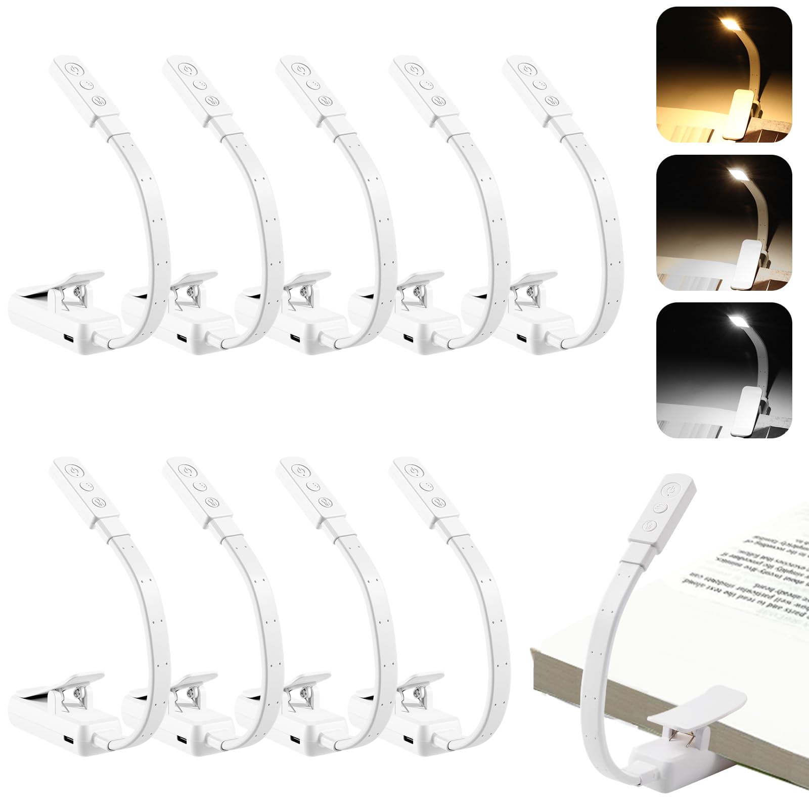 VZZNN 10 luci da lettura a clip, luce ricaricabile con 5 LED, 3 temperature di colore e oscuramento continuo, lampada portatile da letto (bianco)