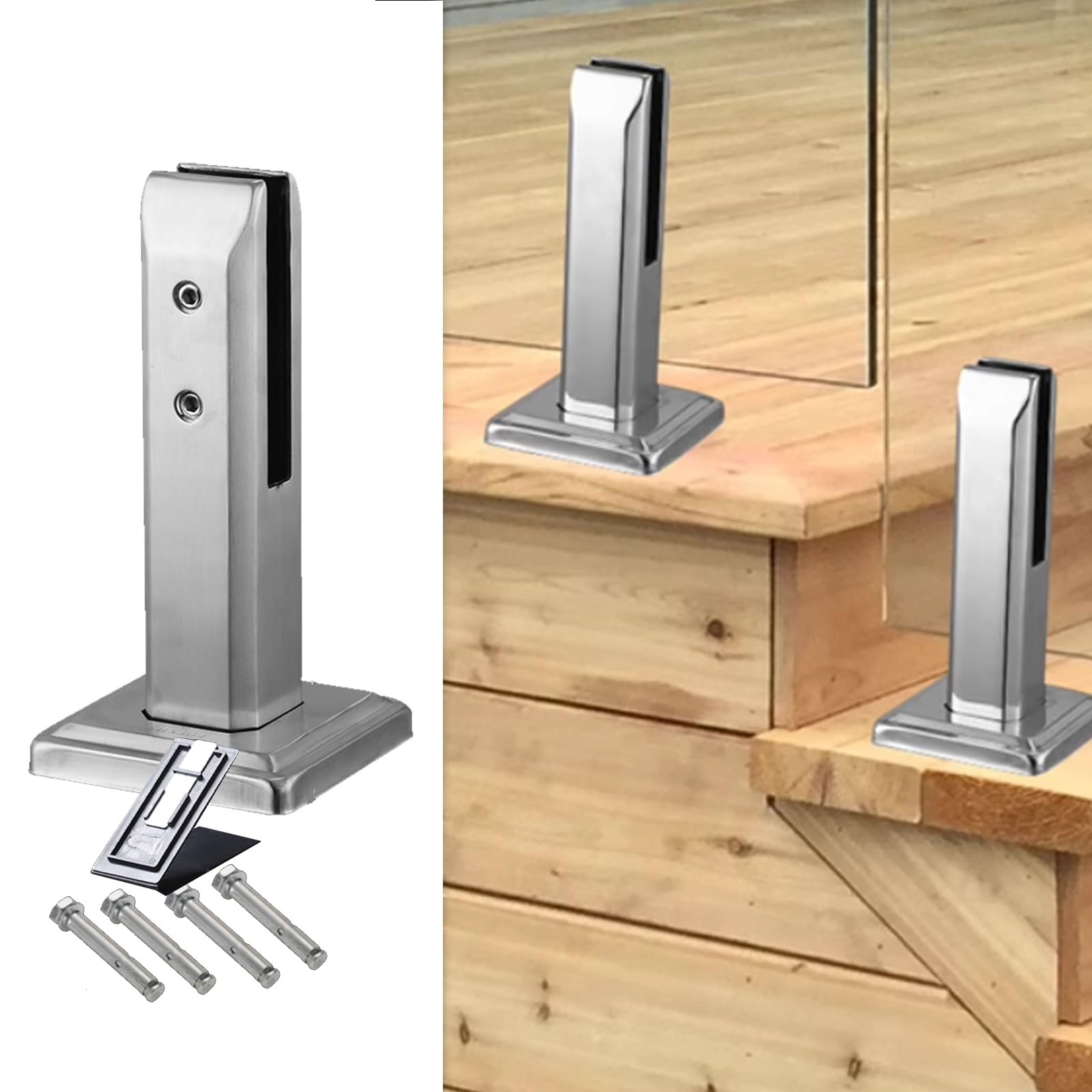 Poste para barandilla de Vidrio, Abrazadera de Acero Inoxidable de 20 cm, Color Negro, Soporte de Poste de Espiga de 7,8" para Piscina, terraza y escaleras. Se Adapta a vidrios de 10-13 mm d