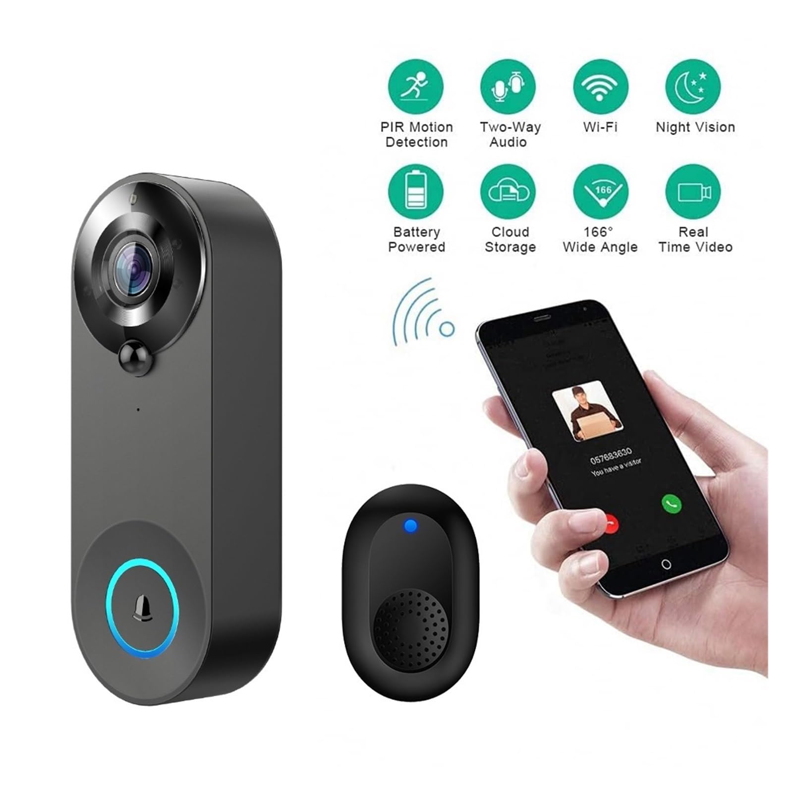 Videocitofono Wireless 1080P, Campanello Intelligente WiFi, Sicurezza Domestica, Rilevamento Del Movimento, Visione Notturna, Citofono Audio Bidirezionale(Doorbell kit)