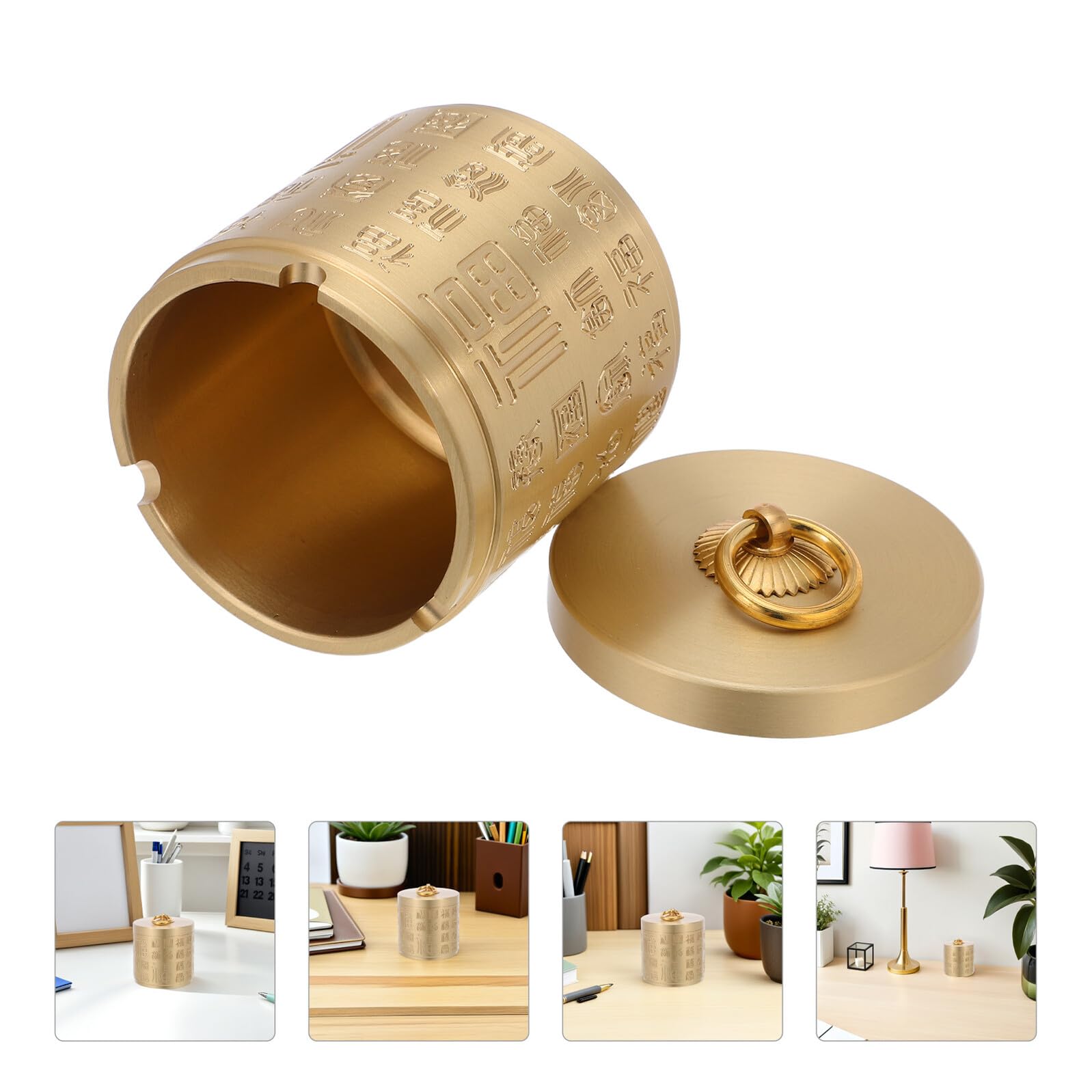 Posacenere Rotondo in Ottone con Coperchio, Stile Cinese Classico