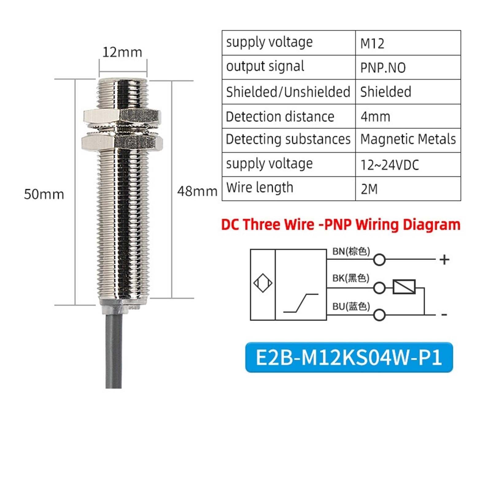 IP67 Wasserdichter, hochempfindlicher, induktiver Näherungsschalter mit großer Reichweite, M12-Bauform, dreiadrig, 24 V, Metallsensor(E2B-M12KS04W-P1)
